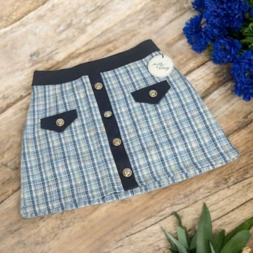 Tweed Mini Skirt with Faux Leather Detail and Silver Tone Buttons Milk & Honey